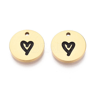 304 Stainless Steel & Enamel Flat Round with Heart Pendants STAS-T073-11G-1