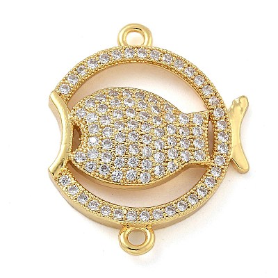 Rack Plating Brass Micro Pave Clear Cubic Zirconia Fish Connector Charms kk-A234-46G-1
