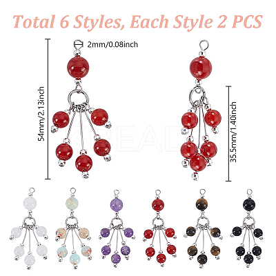 12Pcs 6 Styles Mixed Stone Round Tassel Big Pendants PALLOY-PHE00009-1