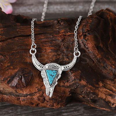 Western Cowboy Style Synthetic Turquoise Cattle Head Pendant Necklaces & Stud Earrings Sets for Women FS-WG063A3-03-1
