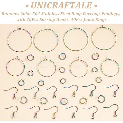 40Pcs 2 Style Ion Plating(IP) Rainbow Color 304 Stainless Steel Hoop Earrings Findings STAS-UN0039-05-1