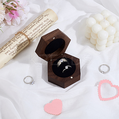 Hexagon Shaped Wooden Couple Ring Boxes with Magnetic Hinged Lid AJEW-WH0695-028-1