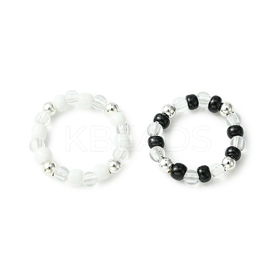 2Pcs 2 Color Acrylic & Glass Seed Beaded Stretch Rings Set for Women RJEW-JR00593-1
