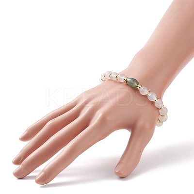 Natural Moss Agate Oval & White Agate Beaded Stretch Bracelet BJEW-JB08696-1