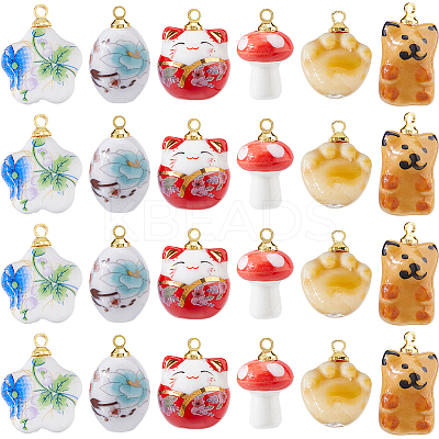 24Pcs 6 Styles Porcelain Pendants PALLOY-FH00169-1