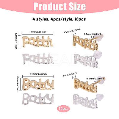 16Pcs 4 Style Brass Word Faith & Baby Stud Earrings for Women KK-CA0002-44-1