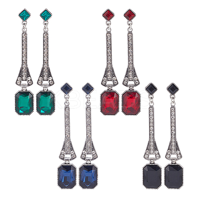 4 Pairs 4 Colors Rhinestone Rectangle Dangle Stud Earrings EJEW-AN0004-18-1