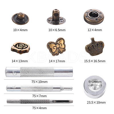 18 Sets Crown & Bowknot & Rose Flower Brass Leather Snap Buttons Fastener Kits SNAP-YW0001-05AB-1
