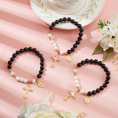 Natural Eyeless Obsidian & Synthetic Turquoise Round Beaded Stretch Bracelet BJEW-PH01531-03-1