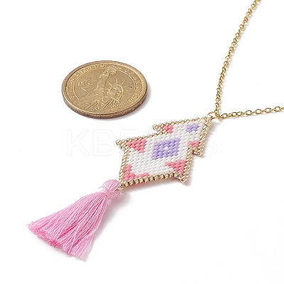 Rhombus Handmade Loom Pattern Glass Seed Pendants Necklaces with Tassel NJEW-MZ00012-1