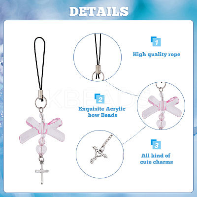 Acrylic Bowknot Heart Pearl Mobile Straps HJEW-PH01890-1