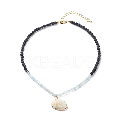 Natural Aquamarine & Lava Rock Beaded Necklace with Brass Charm NJEW-JN03997-1