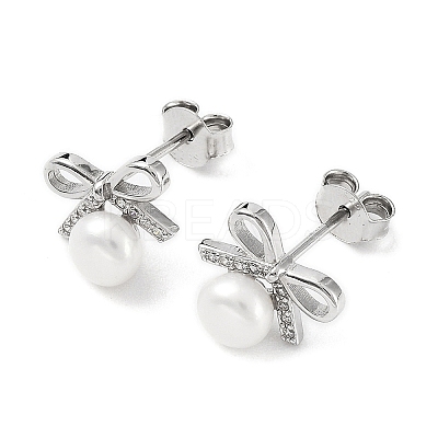 Anti-Tarnish Cubic Zirconia Bowknot with Natural Pearl Stud Earrings EJEW-F318-09P-1
