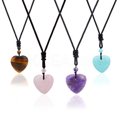 4Pcs 4 Style Heart Natural & Synthetic Mixed Gemstone Pendant Necklace with Nylon Cords NJEW-FI0001-50-1