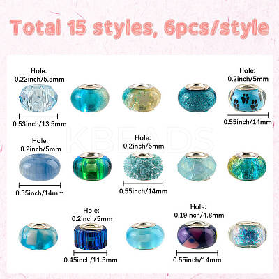 90Pcs 15 Styles Blue Series Large Hole Resin European Beads OPDL-SP0001-03-1