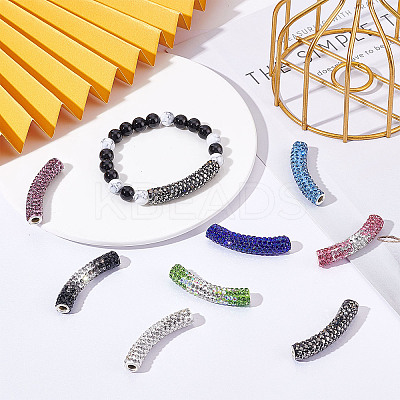 16Pcs 8 Style Brass Rhinestone & Polymer Clay Rhinestone Curved Tube Beads RB-SC0001-07-1