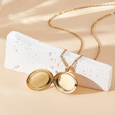 1Pc 304 Stainless Steel Flat Round Locket Pendant Cable Chain Necklaces for Women NJEW-LP0001-16-1