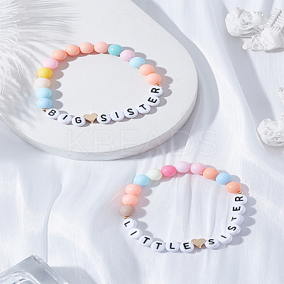 2Pcs 2 Styles Word Acrylic & Brass Heart Beaded Stretch Bracelets BJEW-LP0004-27-1