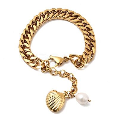 304 Stainless Steel & Natural Freshwater Pearl Curb Chain Bracelets for Women BJEW-G763-03G-1