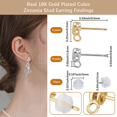 8 Pairs 2 Colors Brass Micro Pave Clear Cubic Zirconia Stud Earring Findings ZIRC-BBC0003-17-1