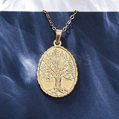 Oval Tree of Life 304 Stainless Steel Pendant Necklaces NJEW-M096-10G-1