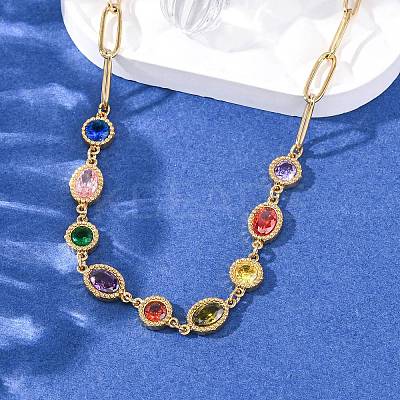 304 Stainless Steel Colorful Cubic Zirconia Flat Round Oval Link Chain Necklaces for Women NJEW-A051-06G-1