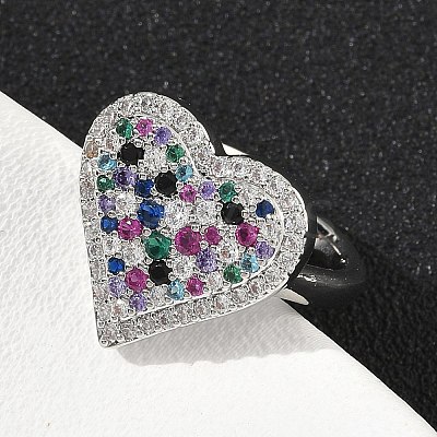 Heart Brass Micro Pave Cubic Zirconia Cuff Rings for Women RJEW-A069-12P-04-1