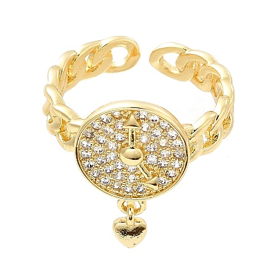 Clear Cubic Zirconia Watch with Heart Charm Open Cuff Ring KK-H439-04G-1