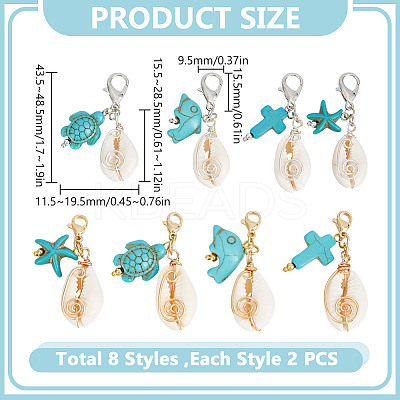 16Pcs 8 Styles Natural Shell Pendant Decorations HJEW-GO00214-1