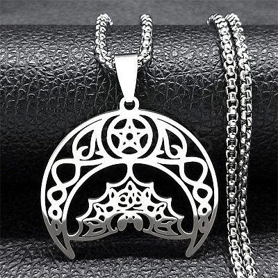 Bat 201 Stainless Steel Hollow Crescent Moon Bat Pendant Necklaces for Women NJEW-M105-05P-1