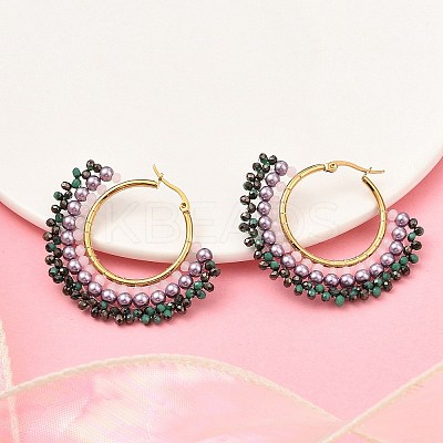 304 Stainless Steel & Bohemian Beaded Fan Hoop Earrings for Women EJEW-R001-01G-02-1