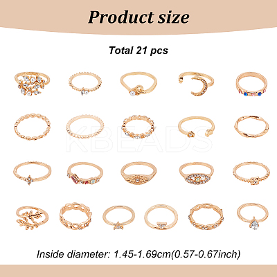 21Pcs 21 Styles Rectangle & Horse Eye & Teardrop & Leaf & Moon & Star & Heart Alloy Finger Rings RJEW-AN0001-15-1