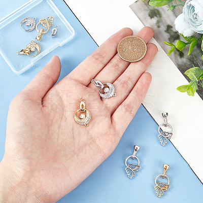 8Pcs 4 Styles Flat Round & Butterfly Brass Clear Cubic Zirconia Fold Over Clasps KK-DC0001-64-1