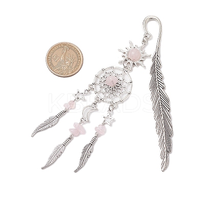 Alloy Sun & Woven Net/Web with Feather Charms Bookmarks AJEW-JK00368-03-1