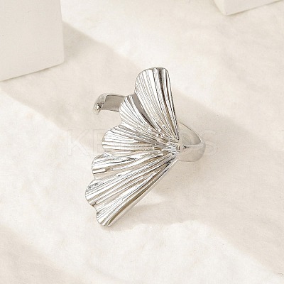 Leaf 304 Stainless Steel Open Cuff Rings for Women RJEW-G338-06P-1