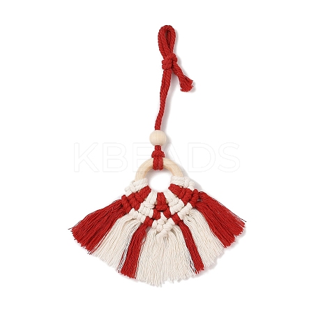 Handmade Macrame Nylon Thread Pendant Decorations with Wood Beads HJEW-P019-03B-1