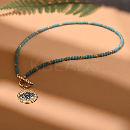 Matal Rhinestone Eye Pendant Dyed Synthetic Turquoise Round Beaded Necklaces for Women FS-WG1E54E-01-1