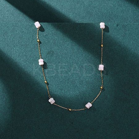 304 Stainless Steel with Dyed Pink Natural Shell Disc Beads Link Chain Necklaces for Women NJEW-K255-46G-1