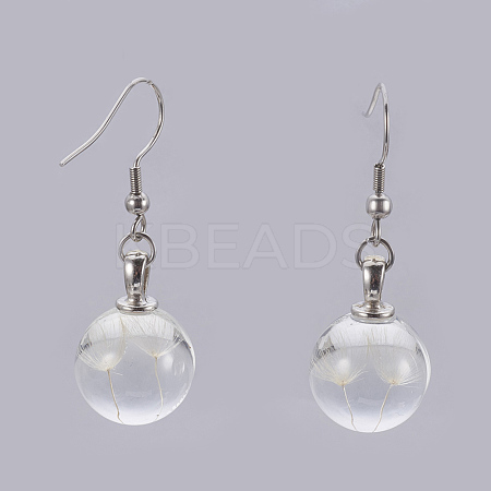 Dried Dandelion Inside Glass Bead Dangle Earrings EJEW-JE02763-1