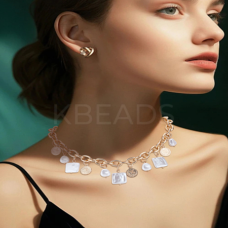 1Pc Alloy Coin & ABS Plastic Imitation Pearl Square Bib Necklaces NJEW-LP0009-38-1