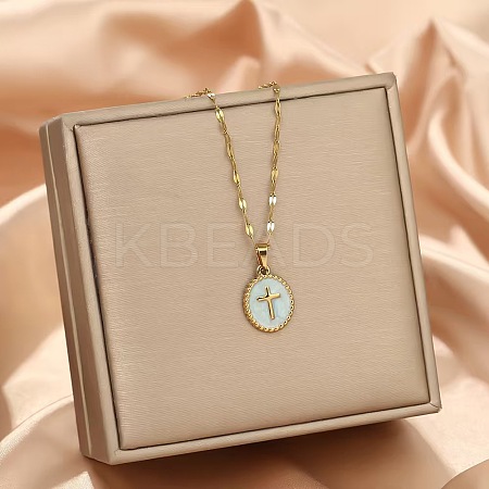 201 Stainless Steel Enamel Oval with Cross Pendant Necklaces FS-WG9DA99-03-1
