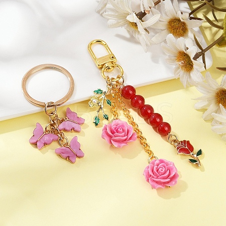 2 Styles Butterfly & Rose Synthetic Coral & Alloy Acrylic/Enamel Pendant Decorations KEYC-YW00182-01-1