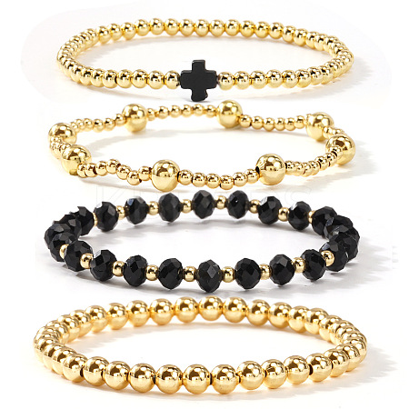 5Pcs 5 Styles Handmade Brass & Glass Beads Stretch Bracelet Set OI0028-1-1