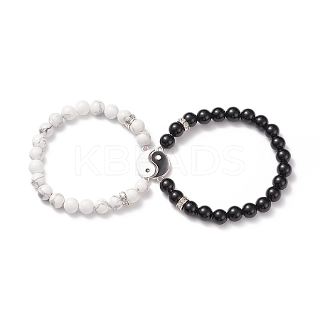 2Pcs 2 Style Natural Black Agate(Dyed) & Howlite Beaded Stretch Bracelets Set BJEW-TA00163-1