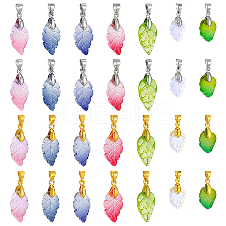 112Pcs 14 Styles Baking Paint Glass Leaf Shape Pendants PALLOY-PH01921-1