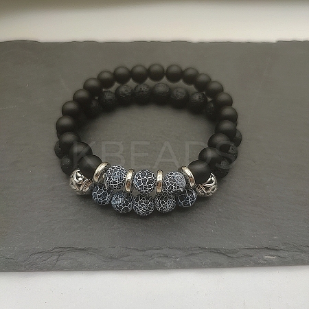 Natural Lava Rock & Frosted Stone Round Beads Stretch Bracelet Set Women DF9720-9-1