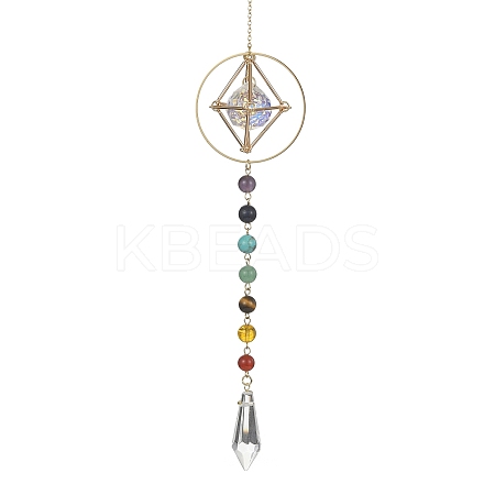 Natural & Synthetic Mixed Stone Bead & Brass Ring Pendant Decorations HJEW-TA00099-1