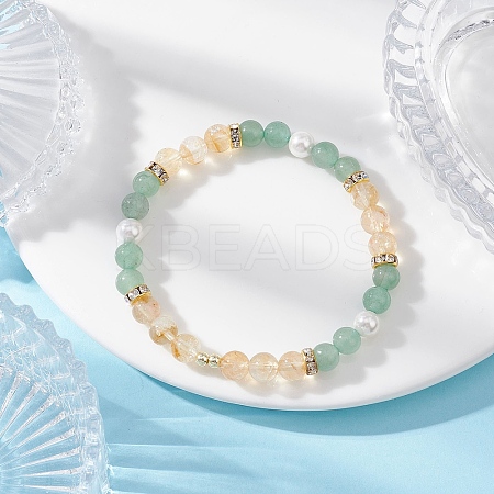 Natural Green Aventurine & Citrine & Shell Pearl Round Beads Stretch Bracelets for Women BJEW-JB12229-01-1