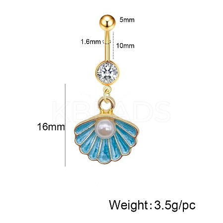 304 Stainless Steel Pave Clear Cubic Zirconia Enamel & Plastic Pearl Shell Shape Curved Barbell Dangle Belly Rings FS-WG01A3A-10-1