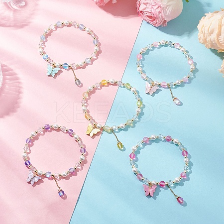 5Pcs Frosted Dyed Synthetic Moonstone & Shell Pearl Round Beads Stretch Bracelets BJEW-JB11822-1